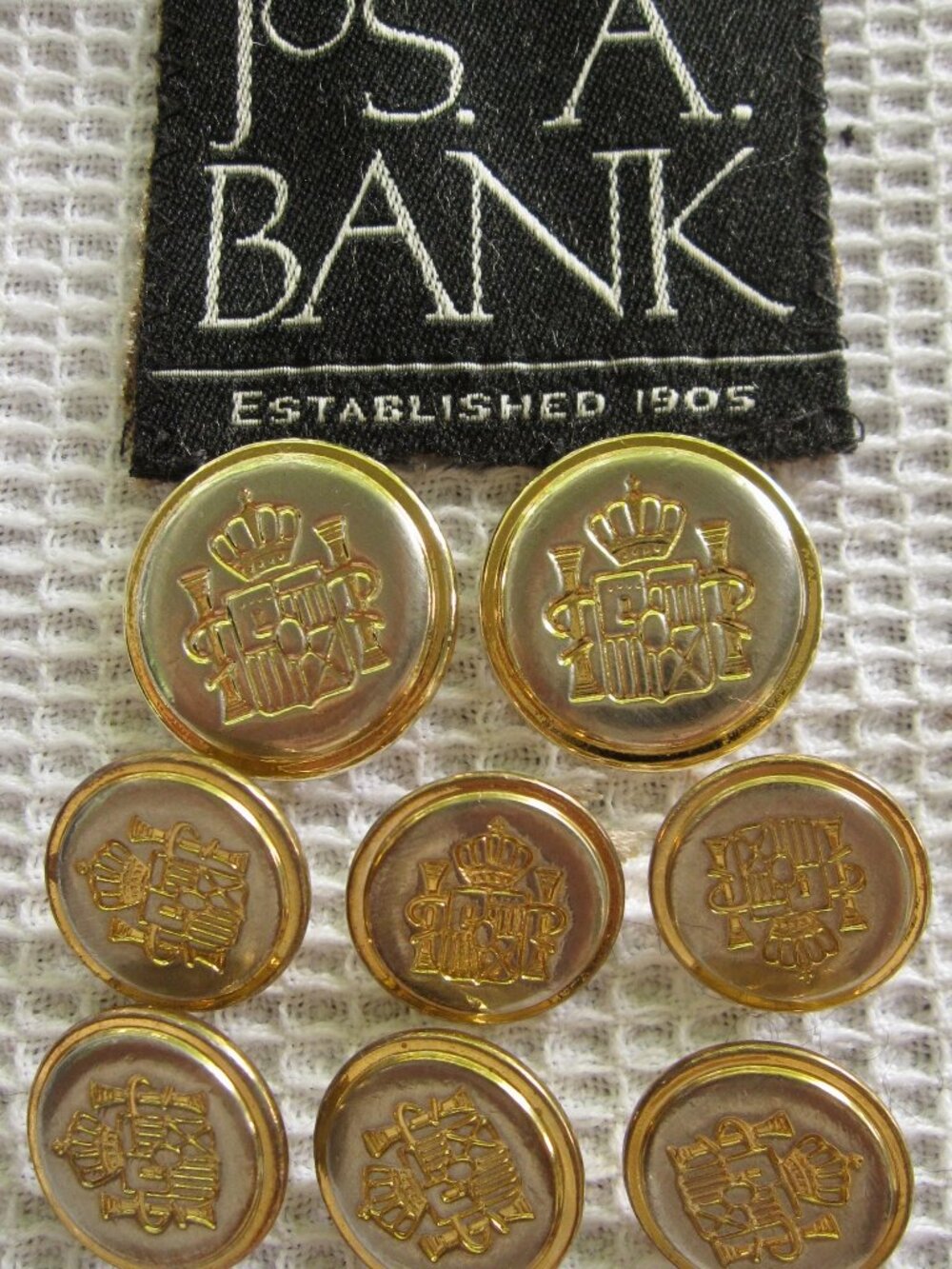 Jos A Bank Replacement 8 Button Set Gold Coat of Arms Crown Columns & Snakes